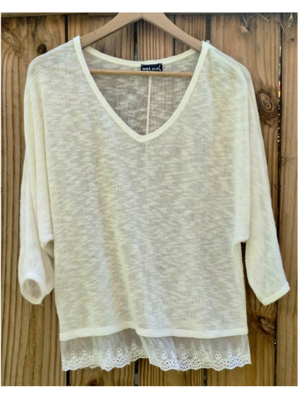 Wet Seal Cream Sheer V-Neck Top Eyelet Tulle Hem (Sz Lg)